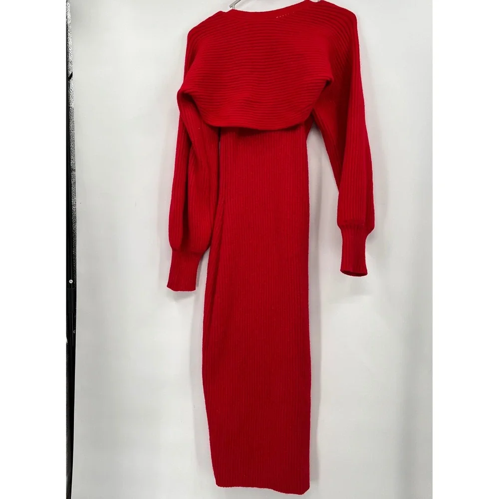 CIDER Red‎ Ribbed Knit Midi Dress with Matching Bolero Sweater Set XL